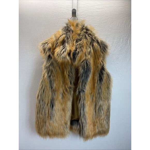 NEW Neiman Marcus Faux long Fur‎ Collared Vest Tan Black size XS - Picture 1 of 9